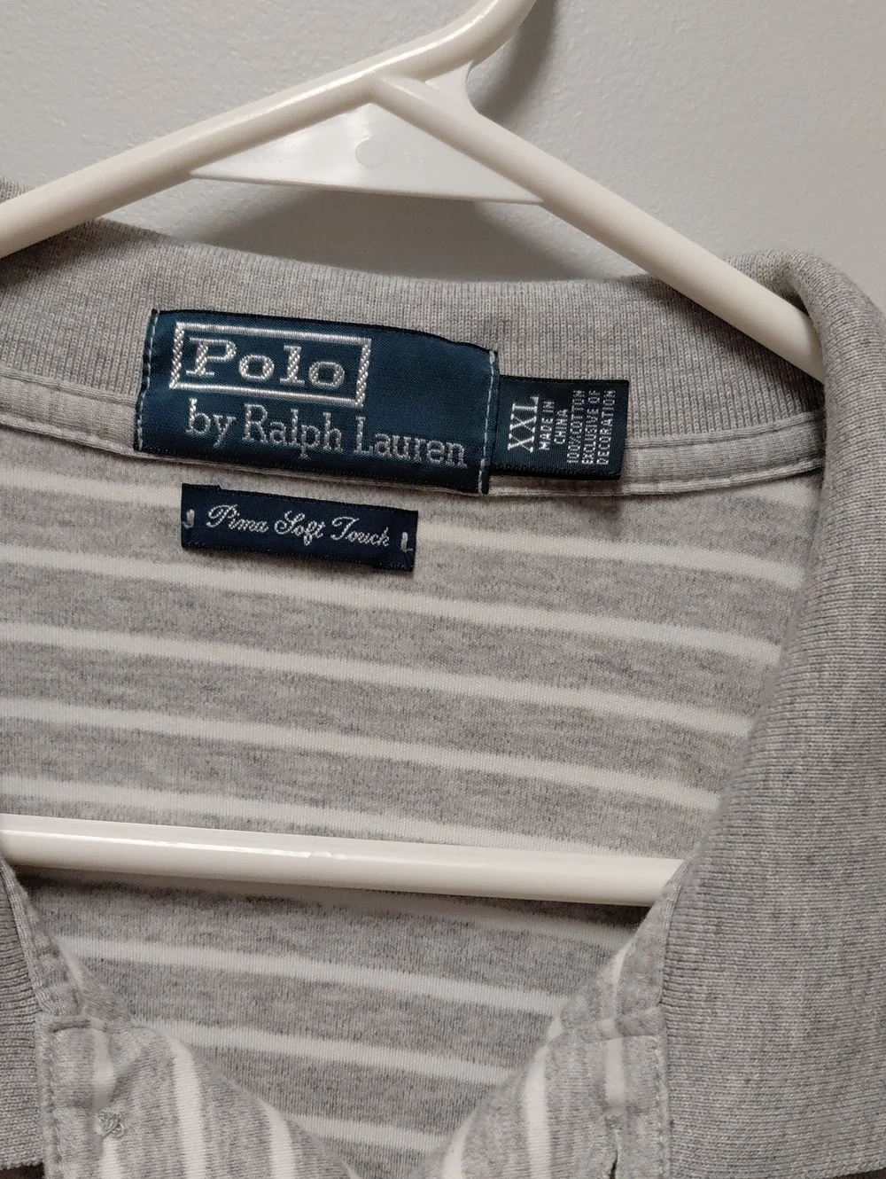 Polo by Ralph Lauren Light Gray & White Striped Pima  Cotton Polo, Size XXL